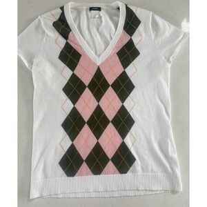 Y2K J Crew Argyle Sweater Top Womens Size M White Pink Twee Preppy Short Sleeve